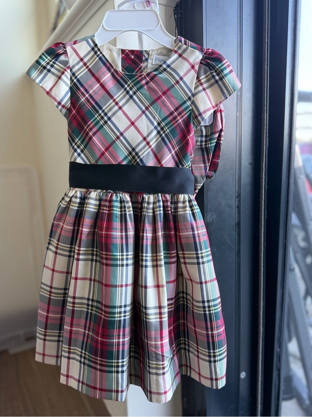 Ralph Lauren Red, Green and Cream Plaid Dress with Black Waistband